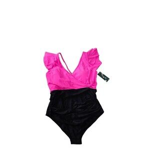 NWT Blooming Jelly Pink & Black Ruched Ruffle Women's Swim Dress Size XL